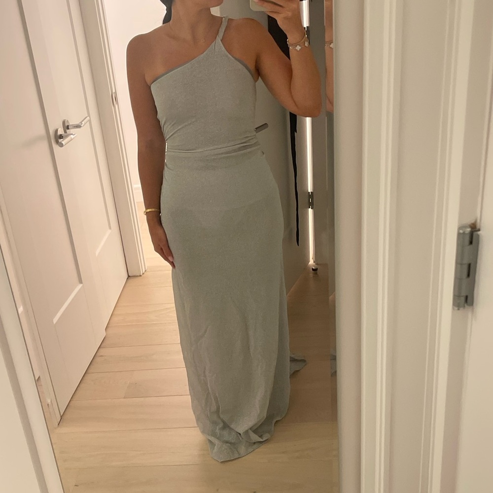 NWT BAOBAB Alma Metallic Silver One-Shoulder Gown Size X-Small